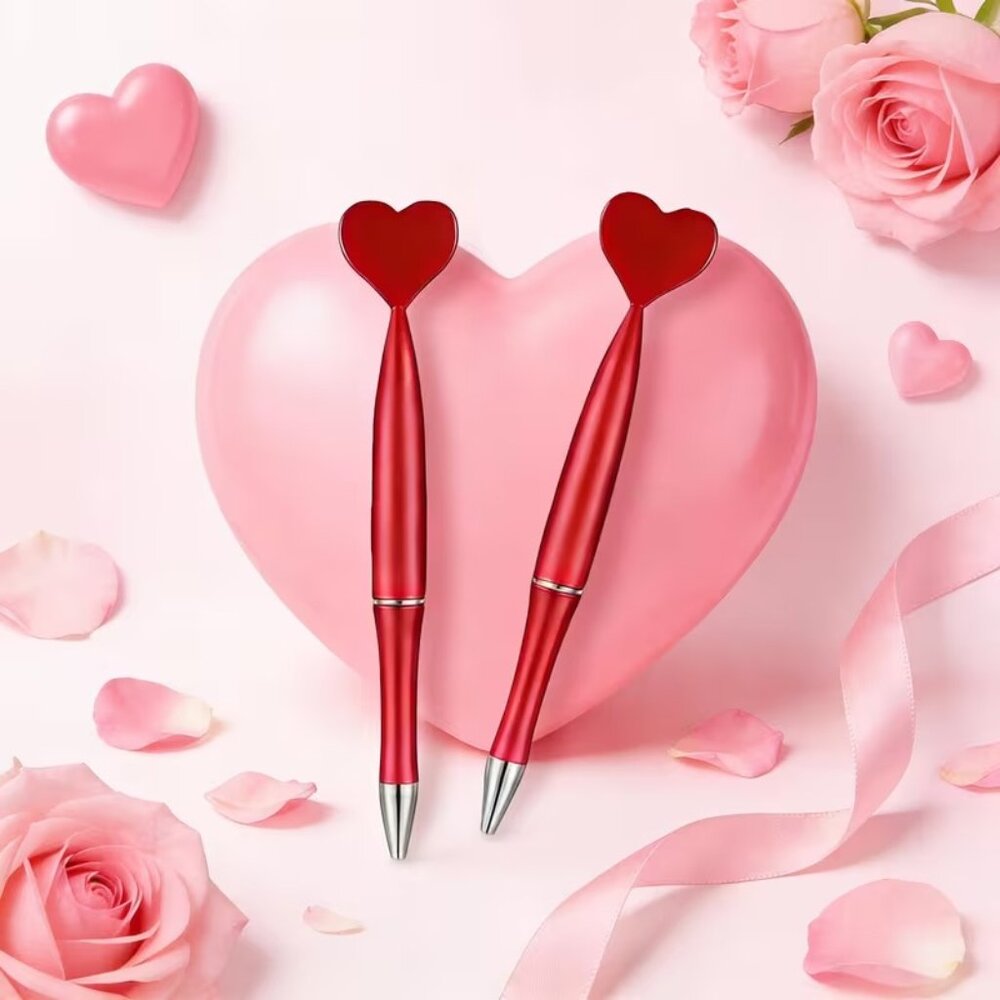 ❤️ Set of 2 Heart-Shaped  Love Ballpoint Pens Red Metallic Color sg